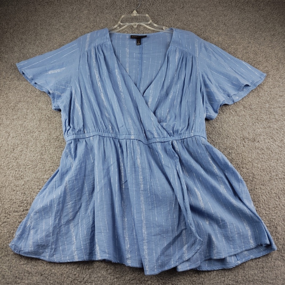 Lane Bryant Blouse Sz 18 Peplum Blue Silver Metallic Stripe Flutter Sleeve EUC